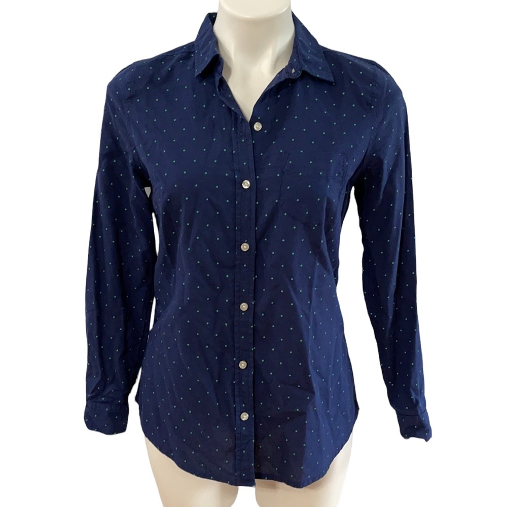 Old Navy Button Down Blue Shirt Green Polka Dot